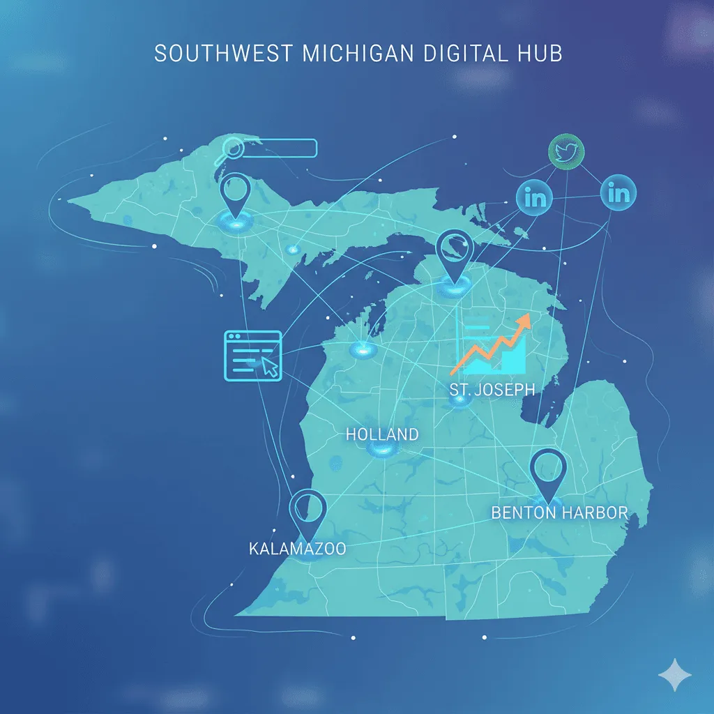 Illustrated map of Michigan with pins on Kalamazoo, Holland, St. Joseph and Benton Harbor, linked by lines to web and social media icons